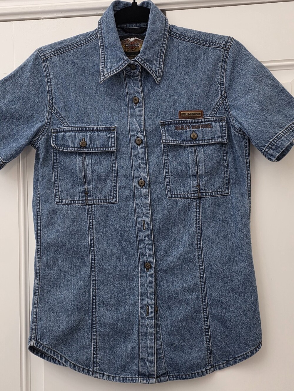 📣 Vintage Y2K Harley-Davidson Denim Shirt 👕 Button Down Embroided Logo XS 😍 - Picture 7 of 11